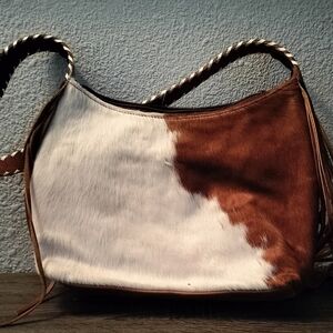 Stylish Brown and White Cowhide With Hair Shoulder Bag